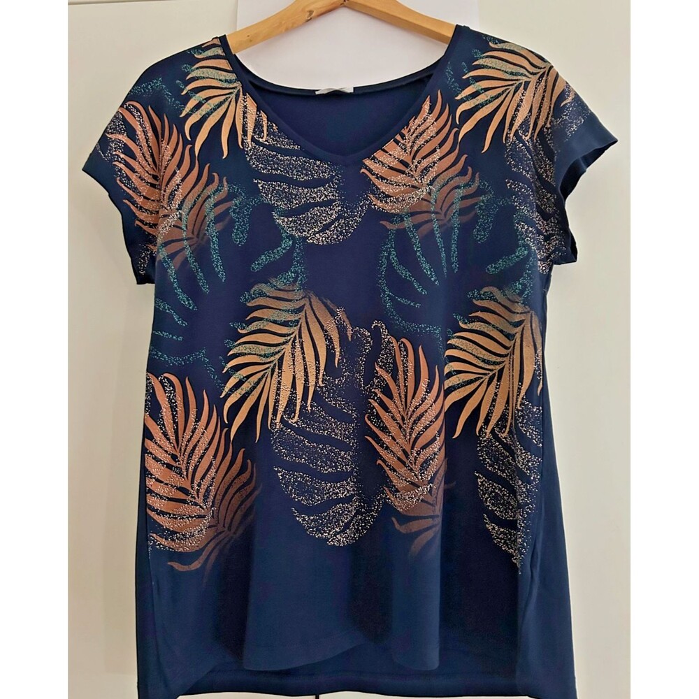 Womens L/XL Navy Blue Floral Print Viscose Knit T-Shirt Short Sleeve Elegant Top